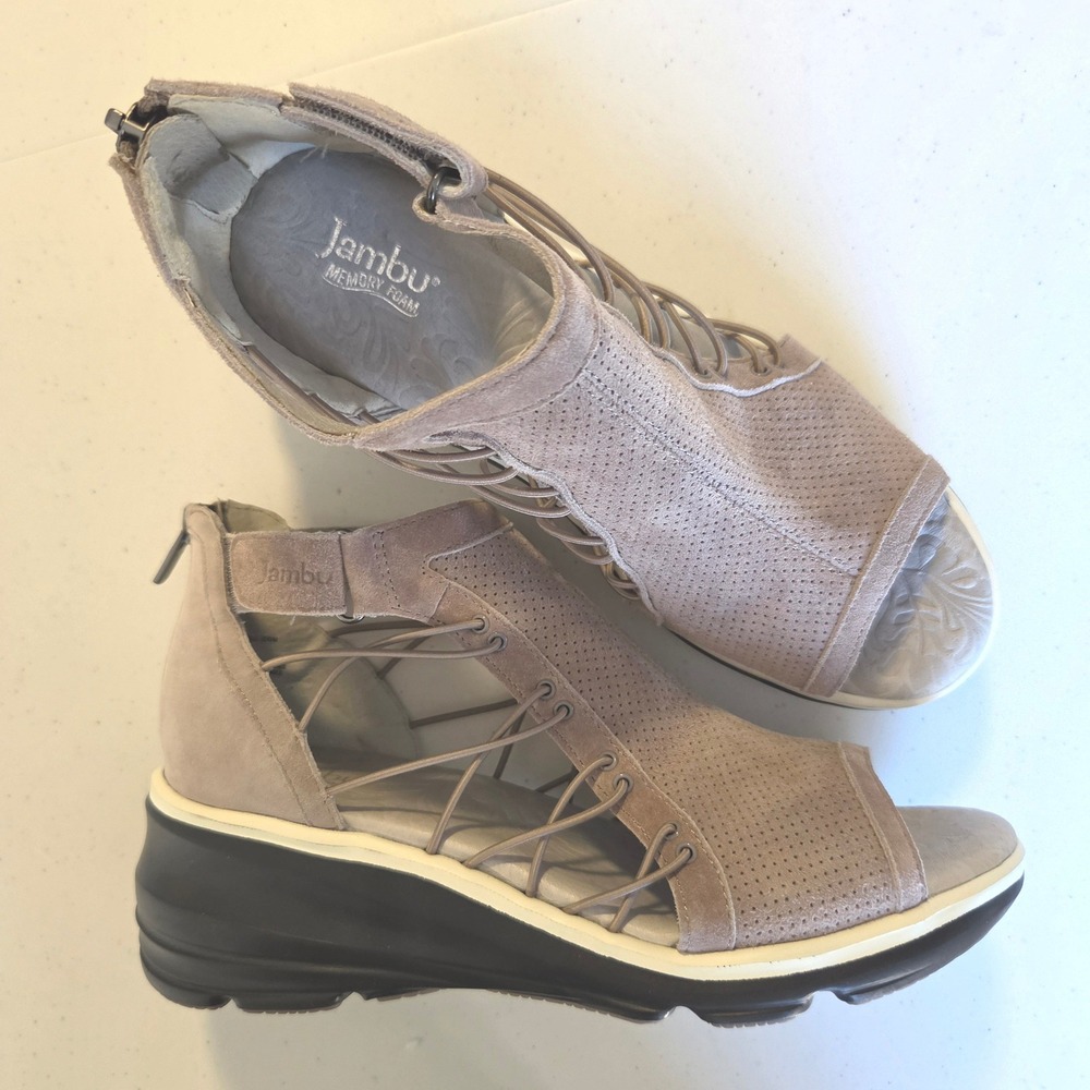 Jambu Naomi Taupe Leather Platform Wedge Sandals Back Zip Bungee Womens 9M